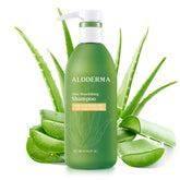 Aloderma front bottle showing shampoo and benefit of hydrating organic aloe
