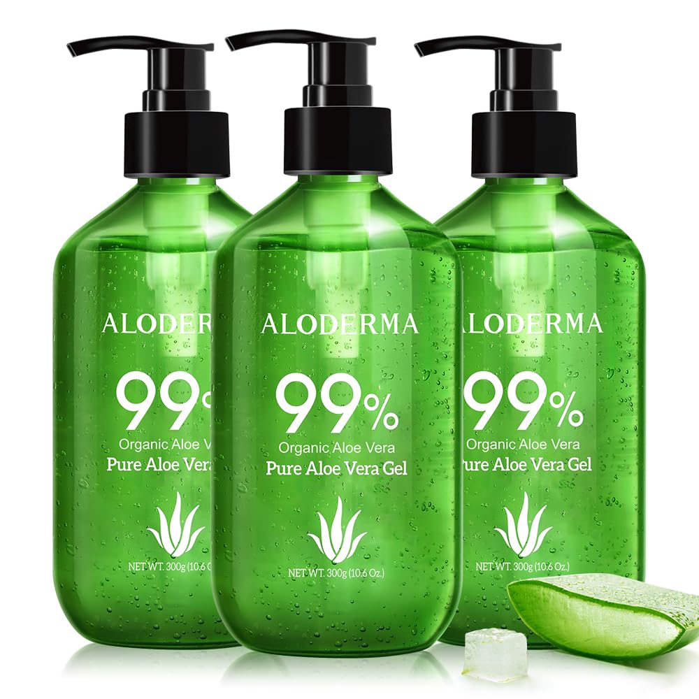 Aloderma pump bottle front label showing organic aloe benefits