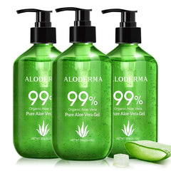Aloderma pump bottle front label showing organic aloe benefits