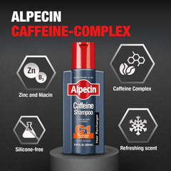 Alpecin C1 bottle beside a ruler for scale showing 8.45 fl oz size clarity
