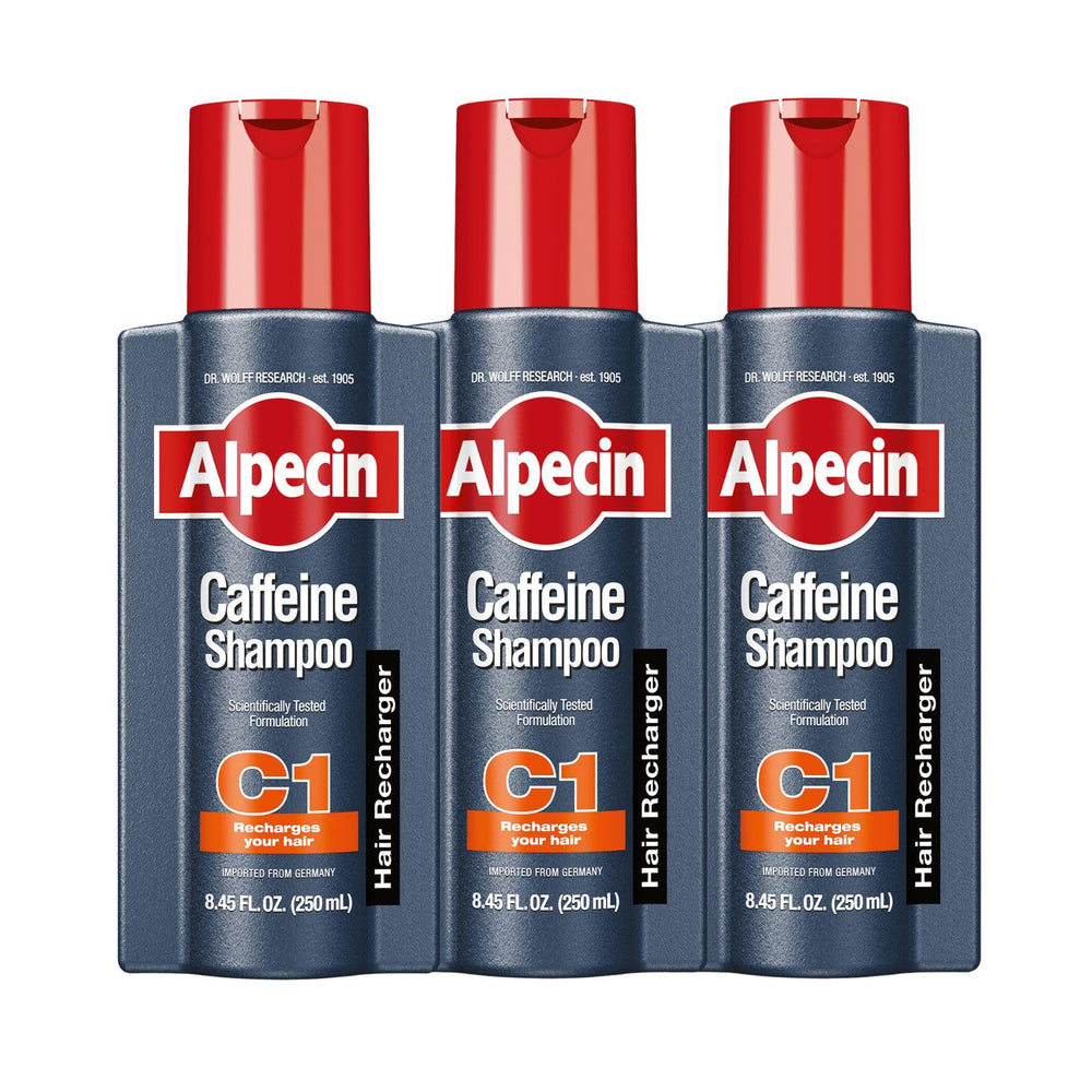 Alpecin C1 front packaging showing three bottles and clear branding benefits
