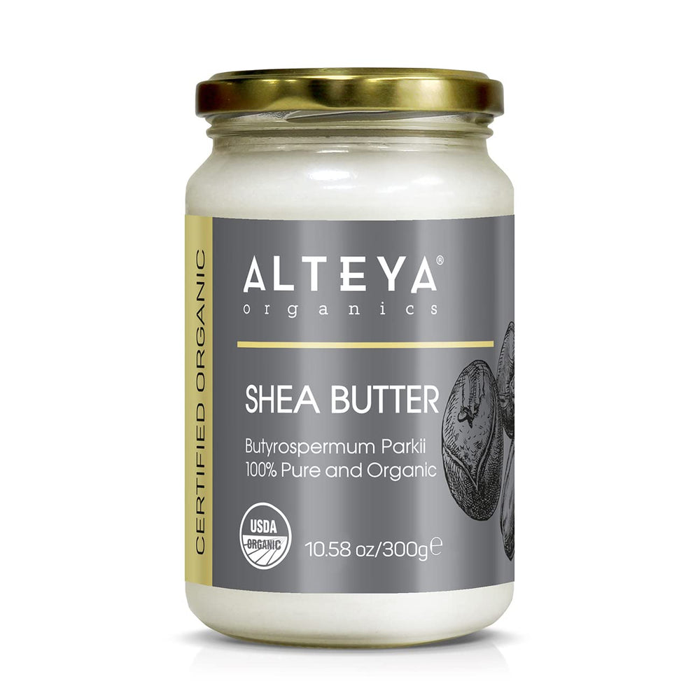 Alteya front jar showing pure shea butter and organic certification benefit