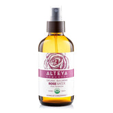 Alteya rose water front bottle showing organic label and clear hydrosol benefit hydration