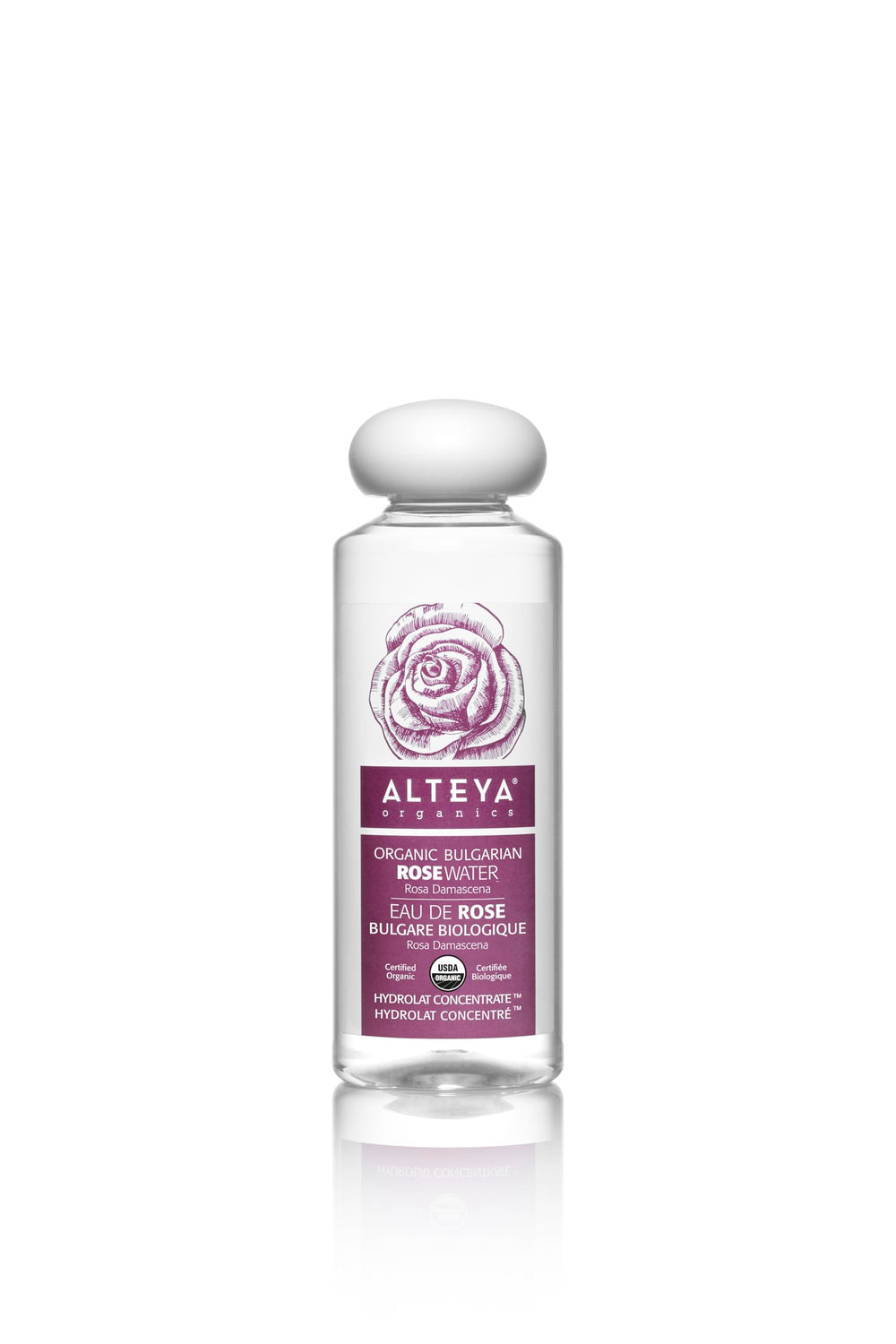 Alteya front bottle shot showing organic rose water and packaging benefits