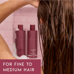 ALURAM shampoo pouring with coconut water emphasizing lightweight lift