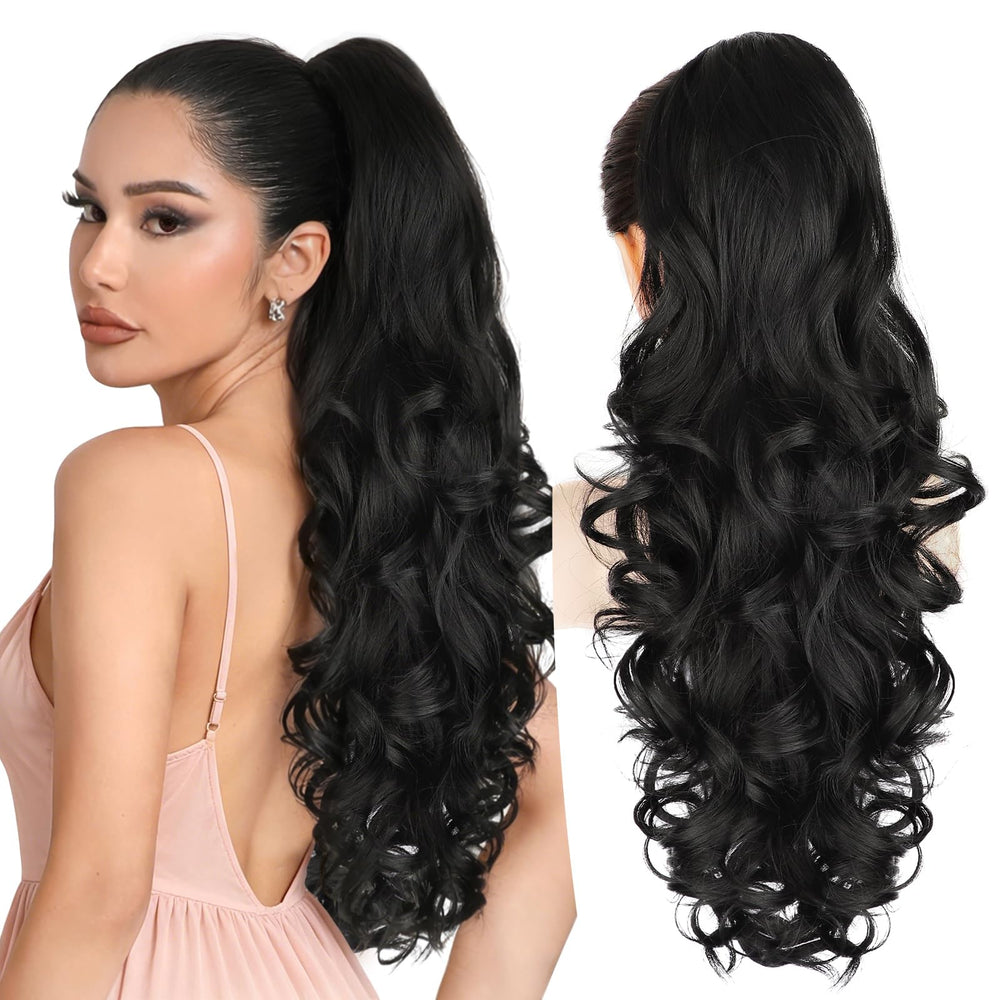 ALXNAN front packaging showing 24 inch black ponytail extension, instant volume benefit