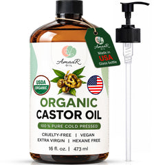 AMAAROIL amber bottle front showing organic castor oil benefits