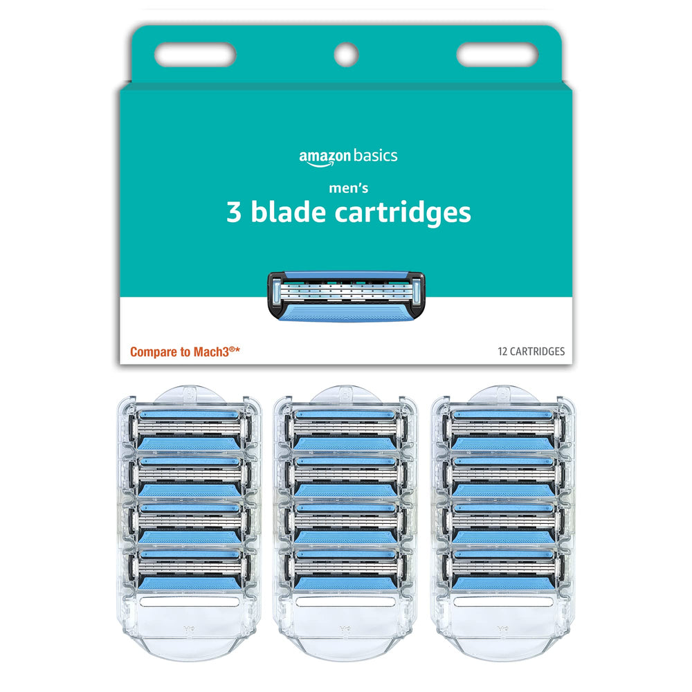 Amazon Basics front packaging showing 12 refill cartridges and clear labeling for convenience