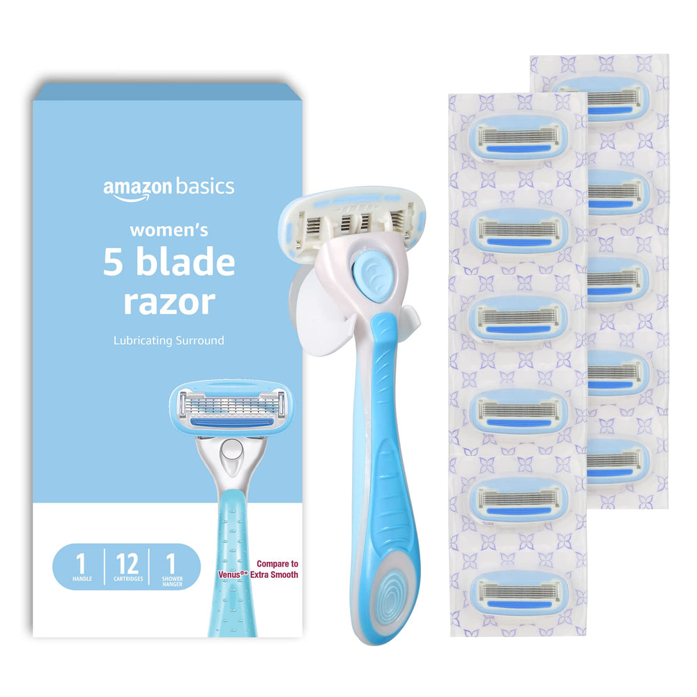 Amazon Basics razor handle front view showing ergonomic grip and click-fit benefit