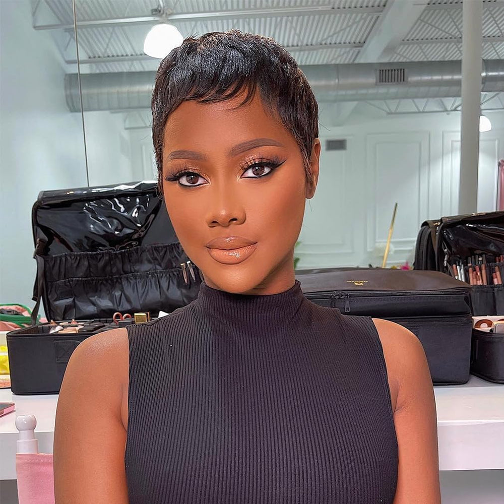 Amecire front view pixie wig showing natural hairline and face-framing benefits