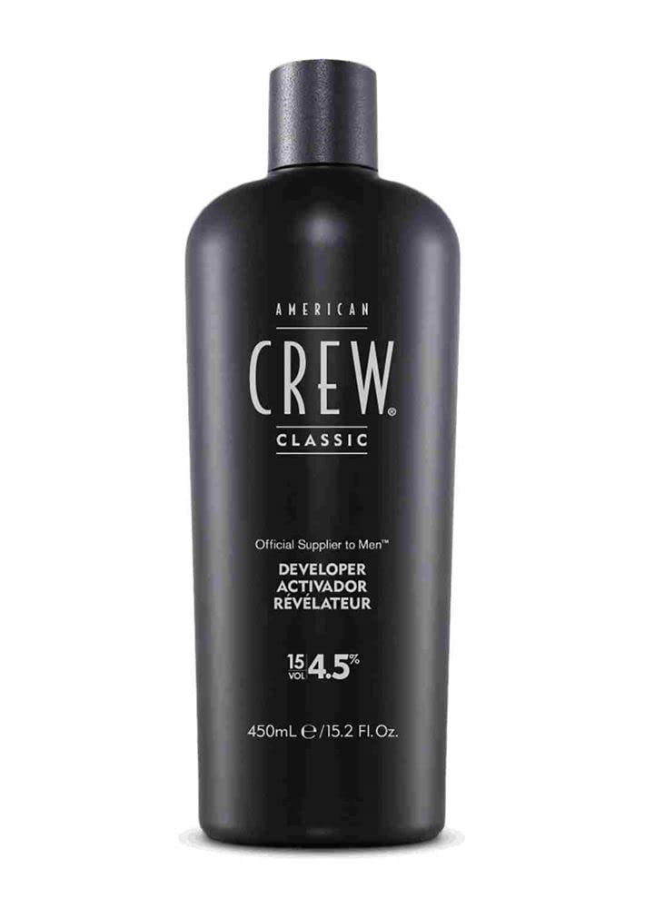 American Crew 15 volume developer bottle front view for consistent gray blending