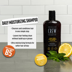 American Crew label and pump detail highlighting ingredients and convenient dispensing
