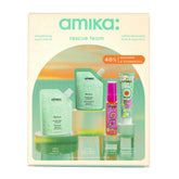 amika front packaging showing trial set, clear view of minis and pouch benefit quick testing