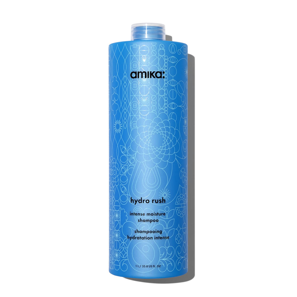 Amika frontal bottle shot showing hydro rush branding and benefit
