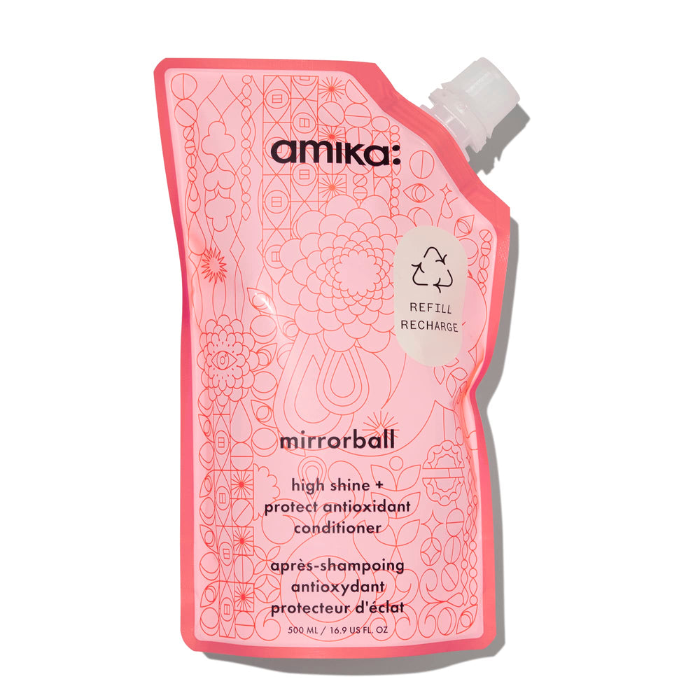 Amika Mirrorball front bottle showing 500ml size and bright packaging benefits shine