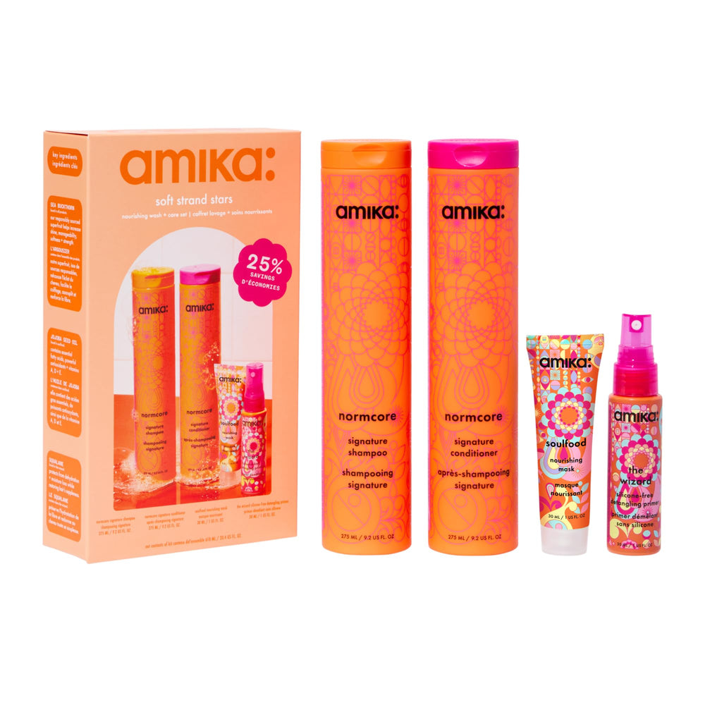 Amika Normcore shampoo front packaging showing nourishing benefits