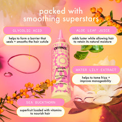 Amika ingredients display with sea buckthorn and water lily, highlights smoothing benefits
