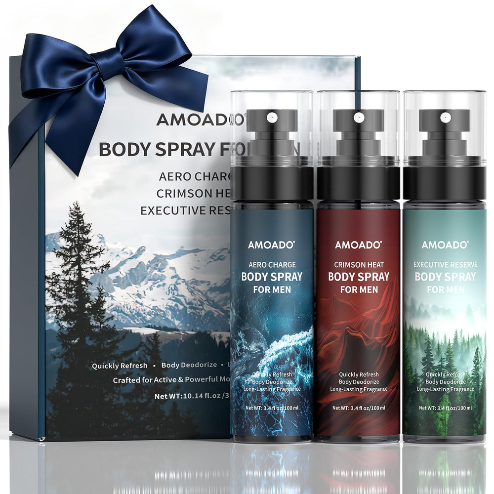 AMOADO trio front packaging showing three scents and travel-ready size benefit