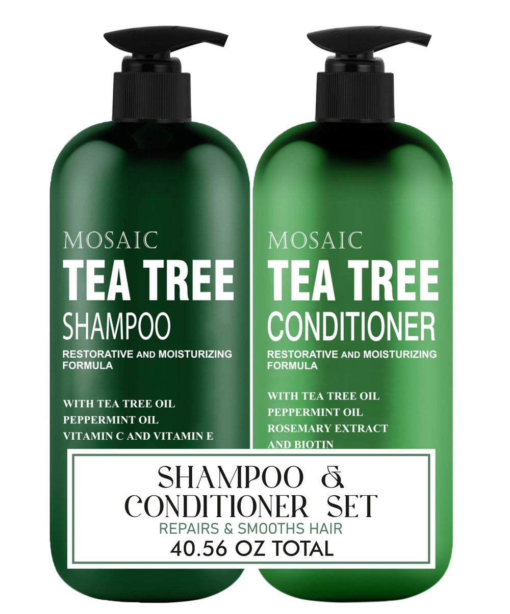 AnatoliaDaphne front packaging of tea tree shampoo and conditioner set showing full bottles and benefits