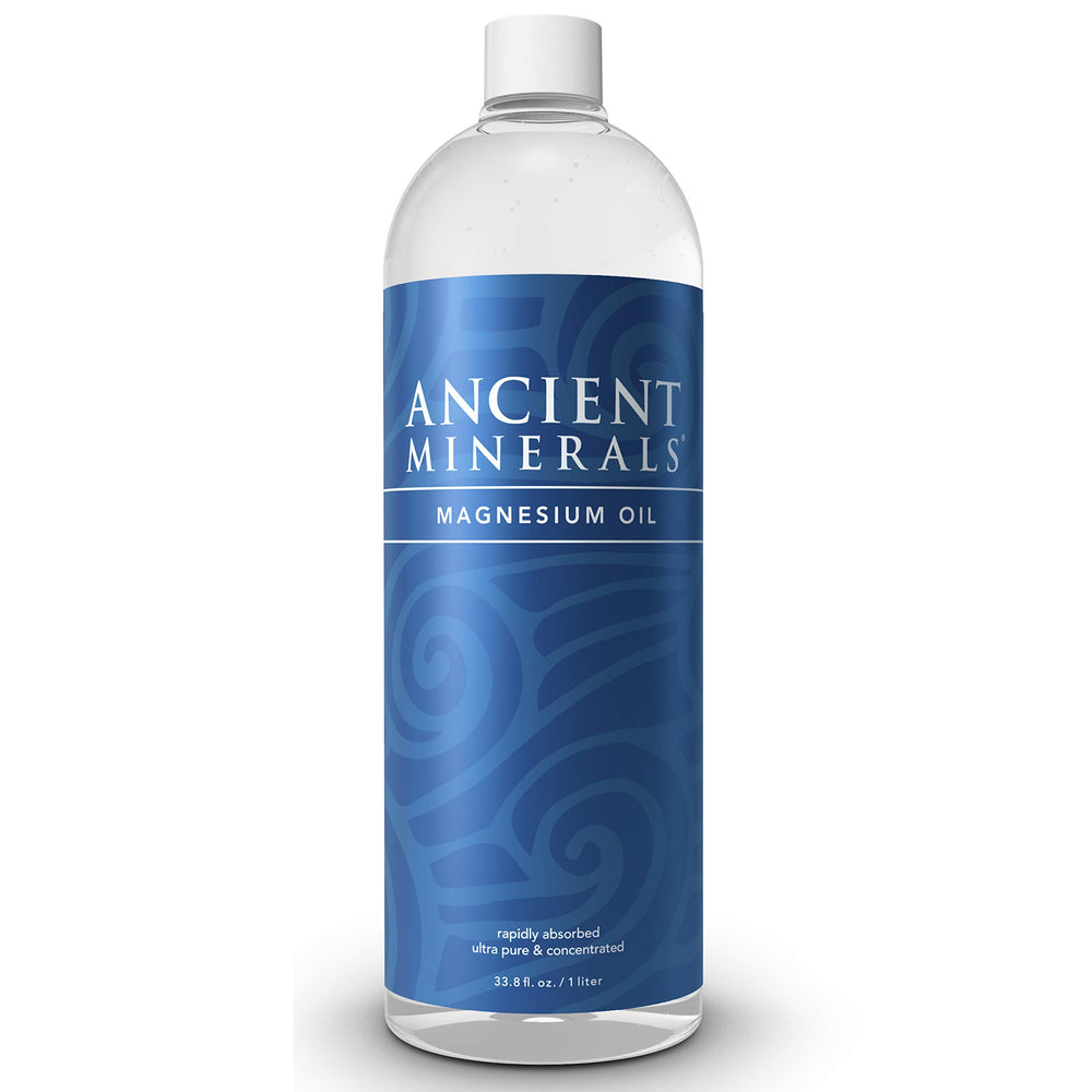 Ancient Minerals front view of 33oz magnesium oil refill highlighting concentrated formula