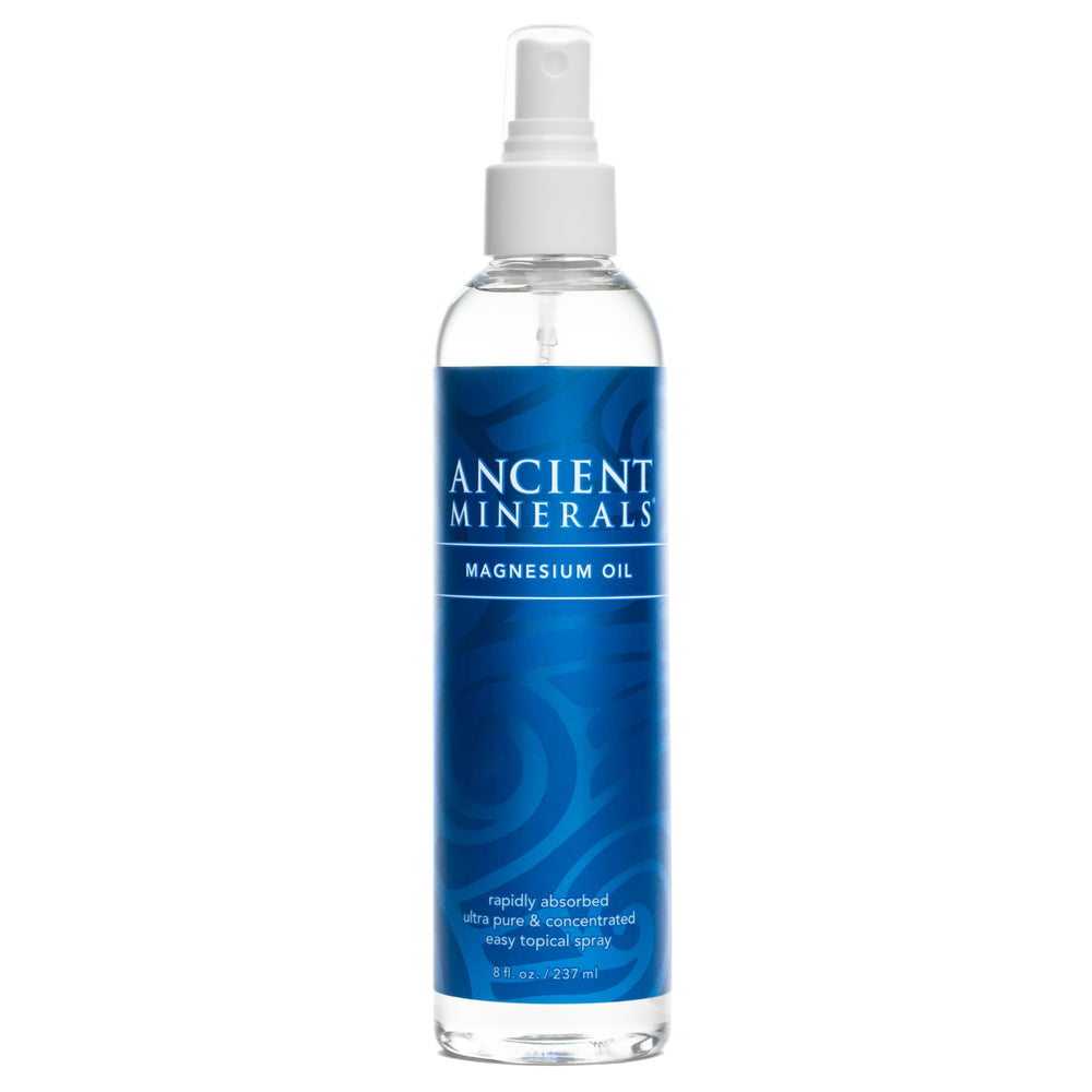 Ancient Minerals front packaging showing clear 8oz bottle and label benefits