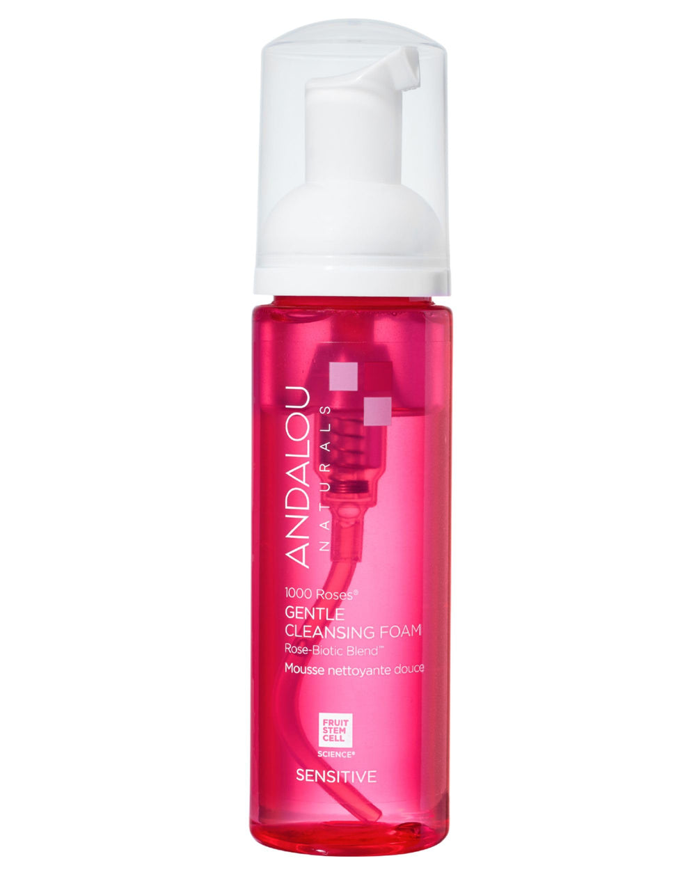Andalou Naturals bottle front view showing gentle rose cleanser benefits