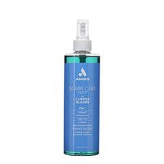 Andis Blade Care Plus front bottle showing spray nozzle and quick cooling benefit
