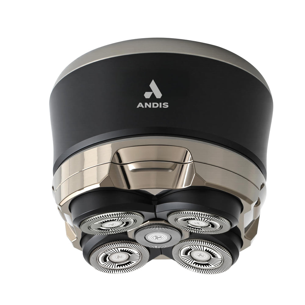 Andis front view of head shaver showing sleek black body and controls for easy handling
