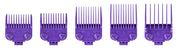 Andis Master magnetic guards front view showing purple finish and five-piece set benefit