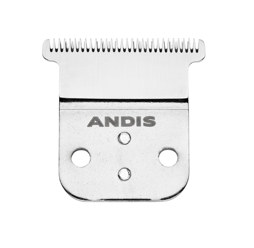 Andis T-blade front view showing carbon stainless edge and precise teeth benefit precision