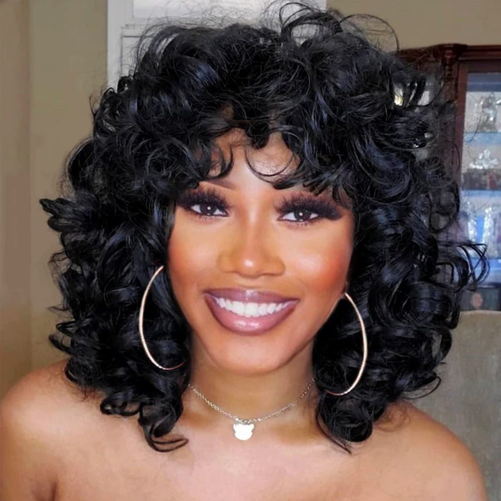 andromeda front view short curly wig with bangs showing natural framing