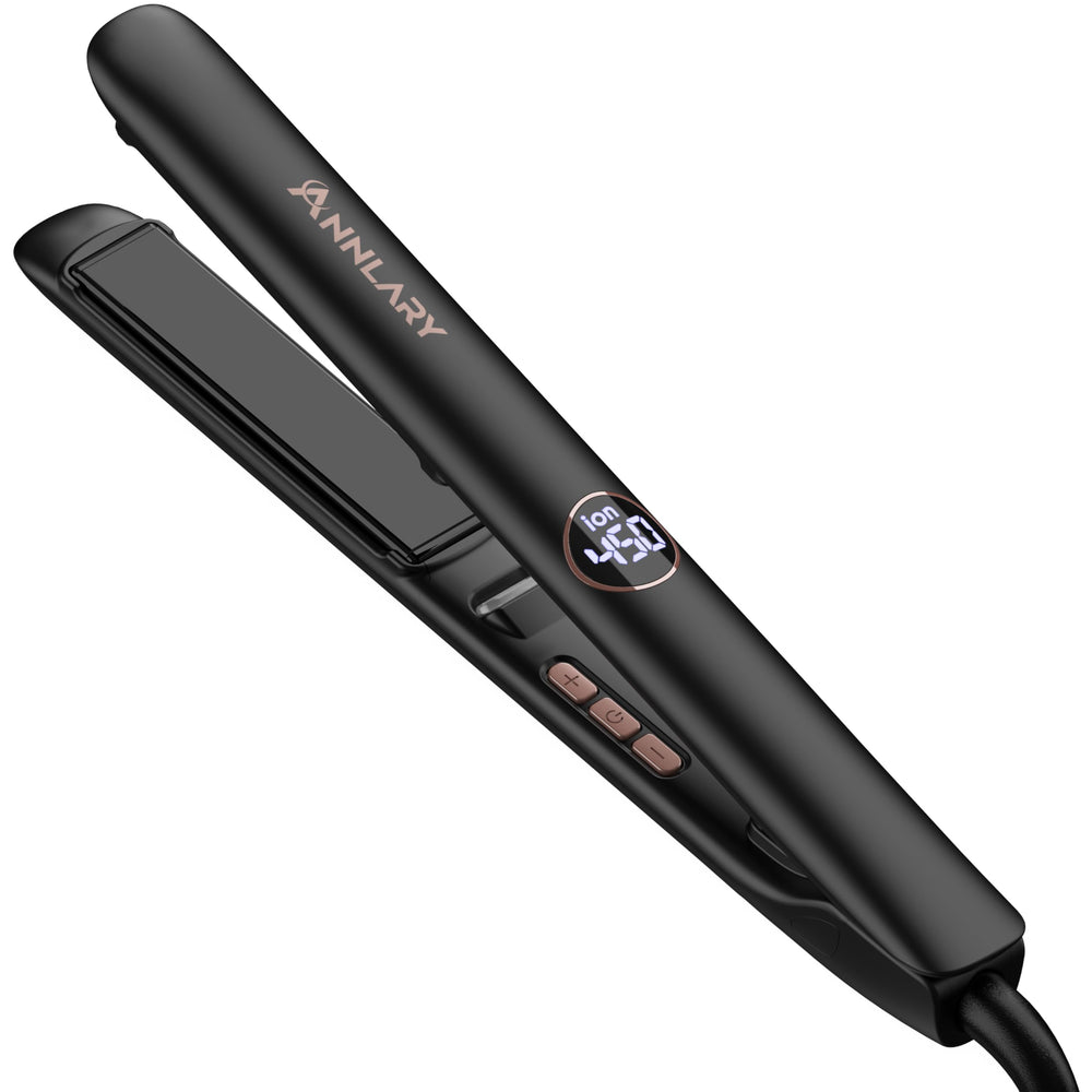 ANNLARY flat iron front view showing sleek body and plates for quick styling
