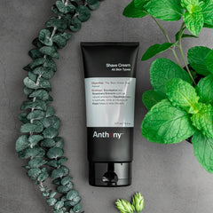 Anthony shaving cream close-up of ingredients label highlighting botanicals and safe formula
