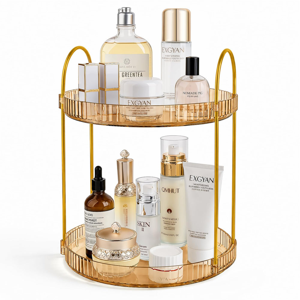 Anyoifax front view of gold two-tier organizer shows neat cosmetics storage