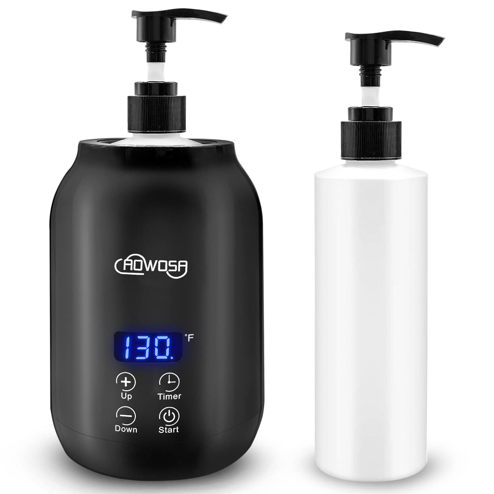 AOWOSA front view of massage oil warmer bottle showing sleek design and benefit warmth readiness