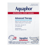 Aquaphor front packaging showing six repairing foot mask pairs and product benefits