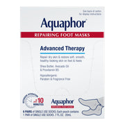 Aquaphor front packaging showing six repairing foot mask pairs and product benefits