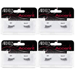 Ardell front packaging showing 301 accent half lashes and pack benefit