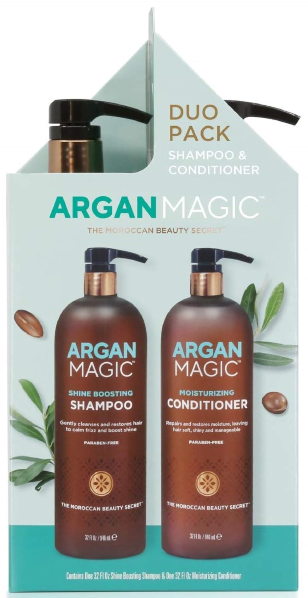 Argan Magic duo front packaging showing both 32 oz bottles and benefits