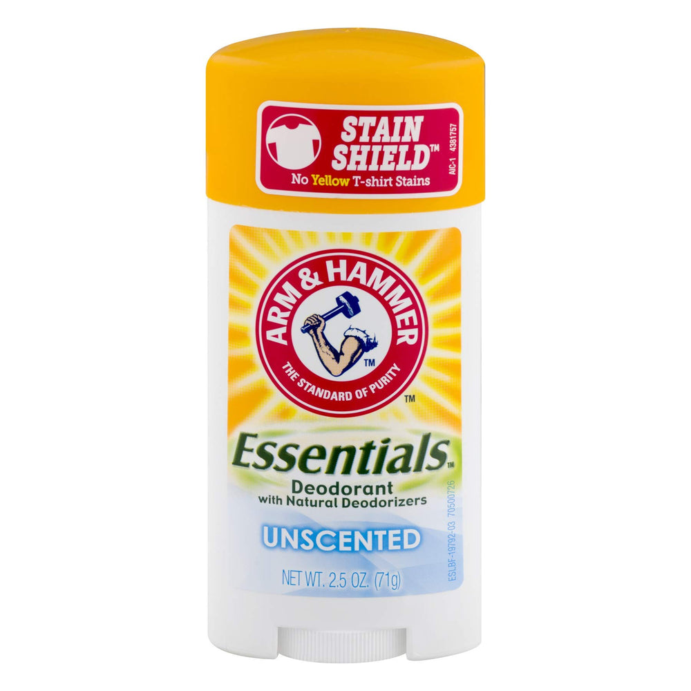 ARM & HAMMER Essentials unscented stick front view showing clean packaging and reliable odor control