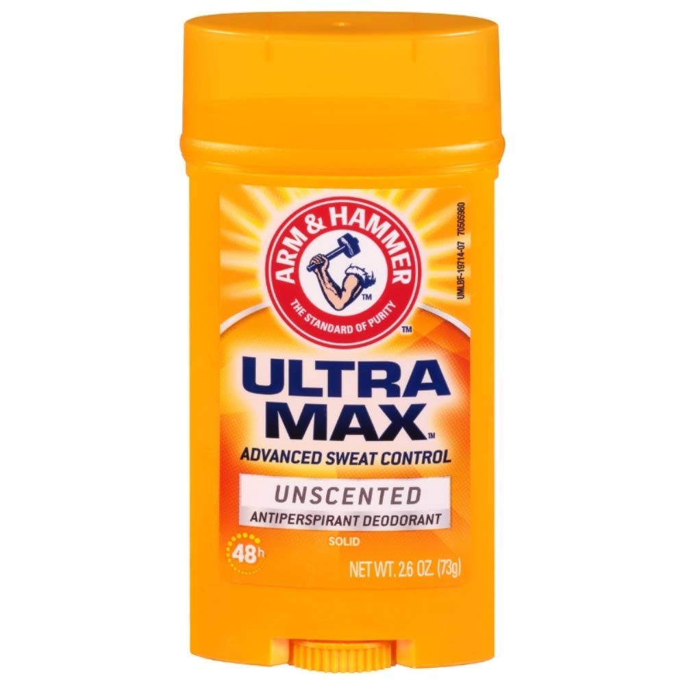 ARM & HAMMER Ultramax front packaging showing unscented stick and dry finish