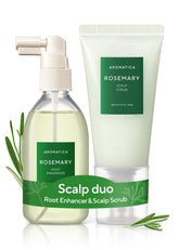 AROMATICA front packaging of rosemary root enhancer and scalp scrub set showing product benefits