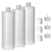 Aromine front view of three natural HDPE bottles showing pack and labels, convenient storage