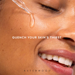Asterwood applying serum to face with hands to show easy layering and plumping