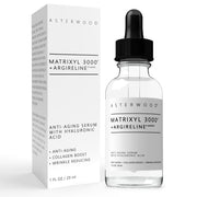 Asterwood serum front packaging showing a clean peptide treatment bottle and label benefit