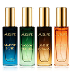 Auelife gift box front view showing four colognes and ready-to-gift appeal