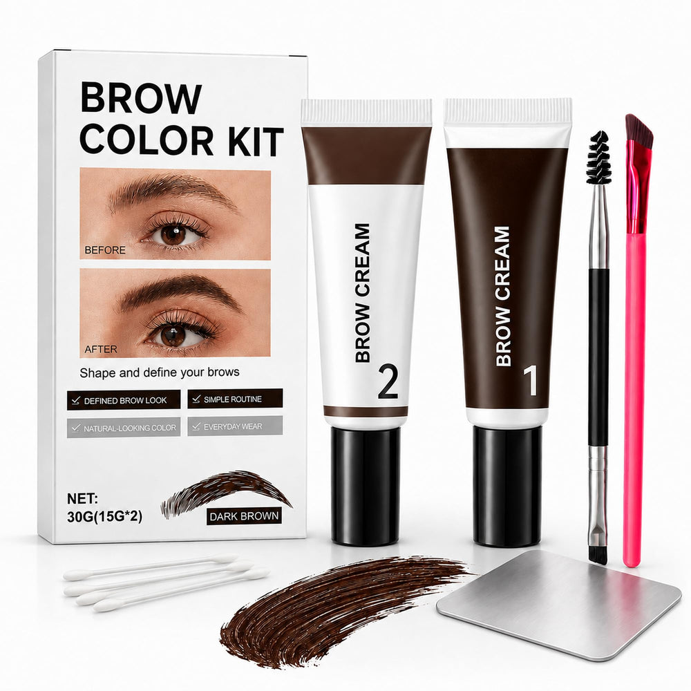 Aufdzceh front view of brow kit showing tools and benefits of all-in-one convenience