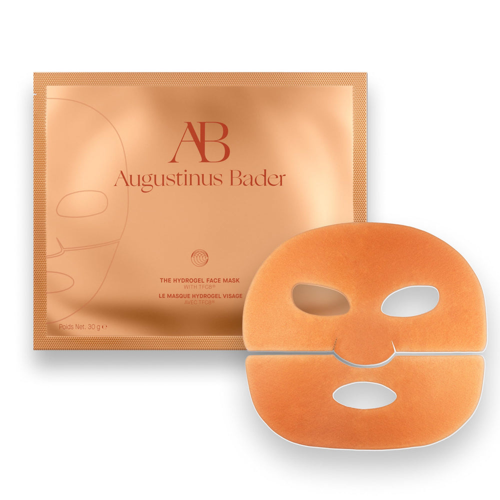 Augustinus Bader front view of hydrogel mask showing sleek single-use pouch and benefits