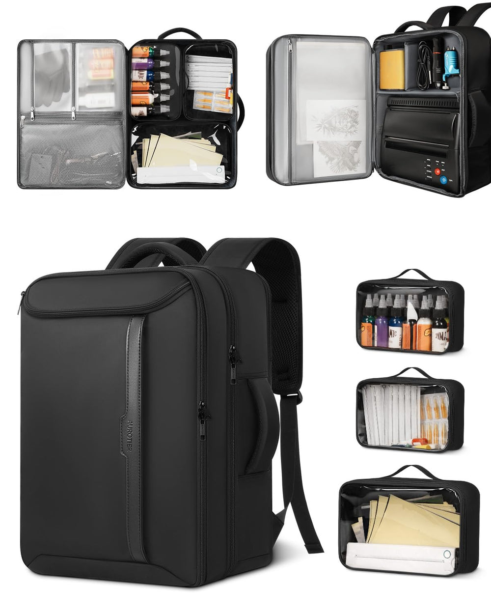 AUROTIER front view of tattoo backpack showing durable water-resistant exterior and pockets