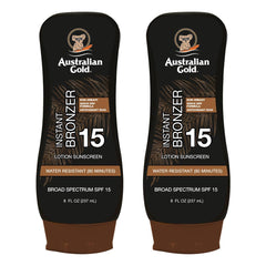 Australian Gold front packaging showing instant bronzer and SPF 15 benefits